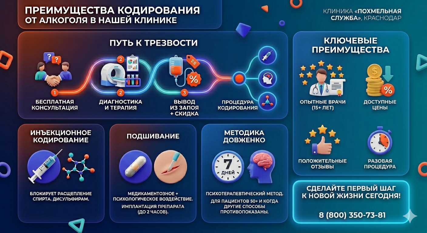Инфографика о методах кодирования от алкоголя в Сафоново: инъекции, подшивание, метод Довженко. Преимущества клиники и этапы лечения.