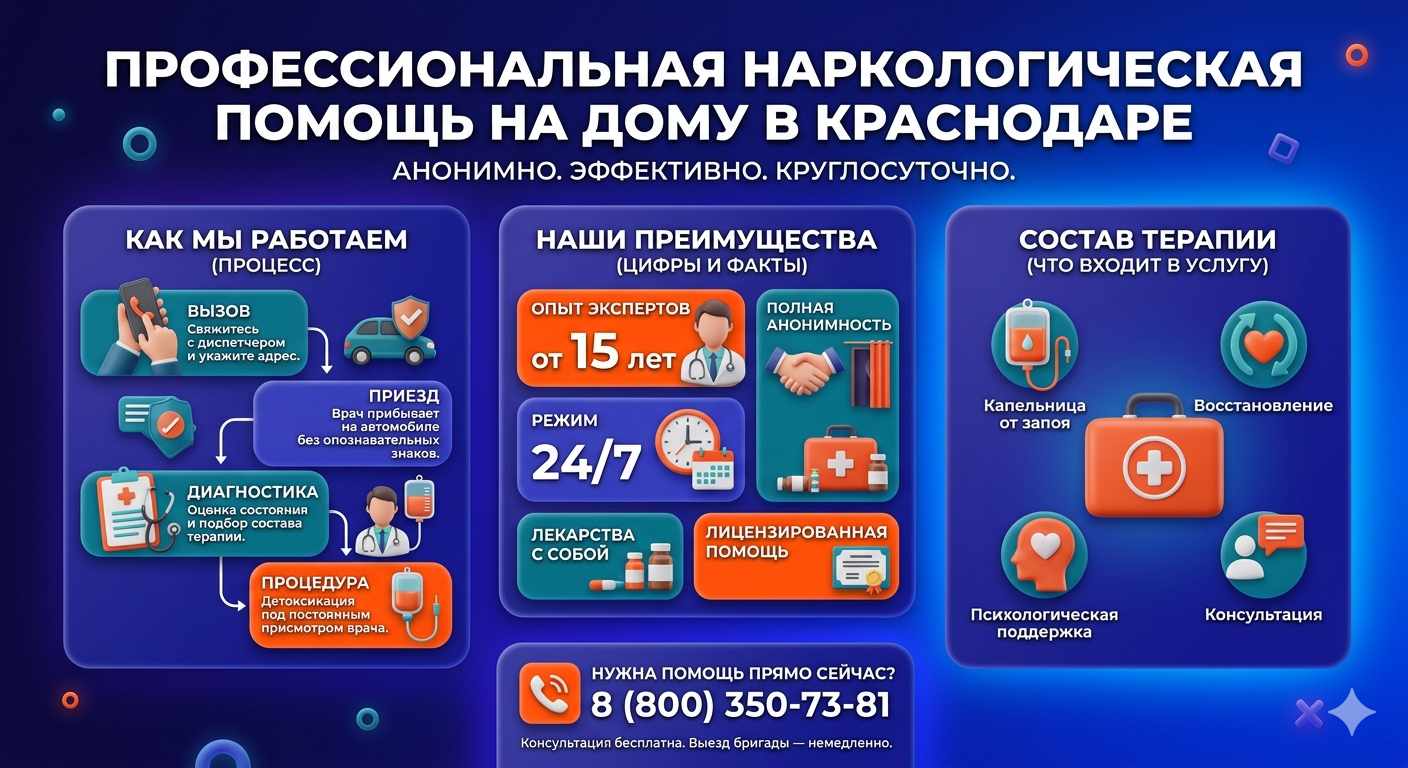 Инфографика о принципах лечения алкоголизма на дому в Сафоново: этапы вызова нарколога, преимущества анонимной детоксикации и состав медицинской помощи.